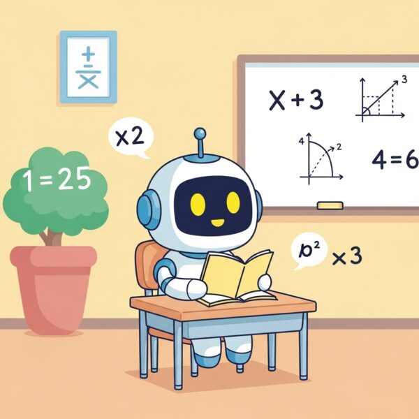 A cute robot sitting in class, ready to learn mathematics
