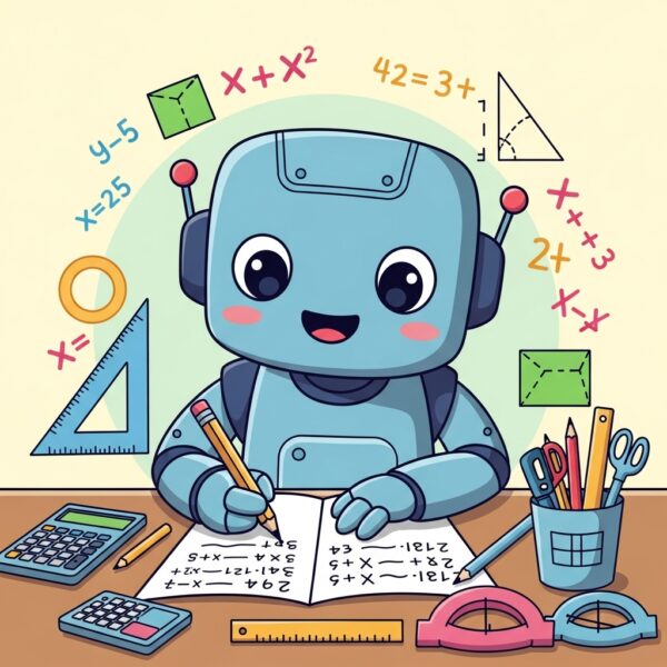 A cute robot happily doing his maths homework