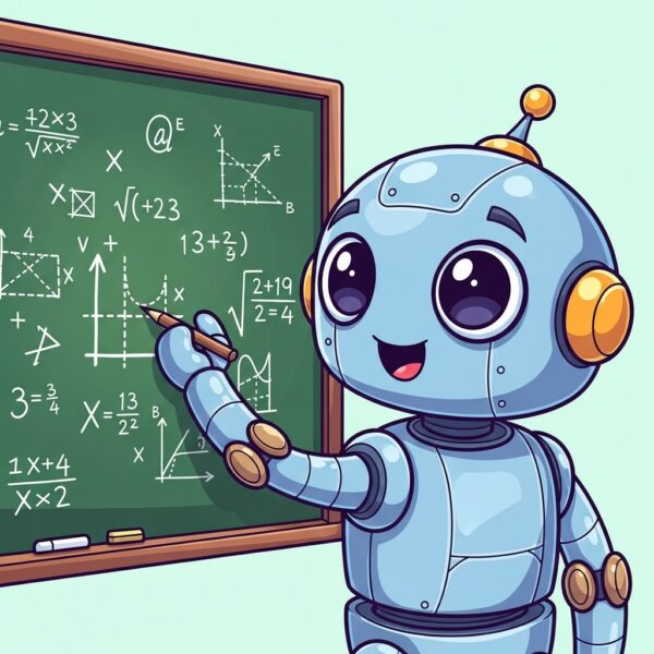 A robot writing mathematics equations on a chalkboard